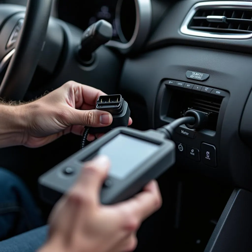 Mechanic diagnosing a Chevrolet Malibu with a scan tool