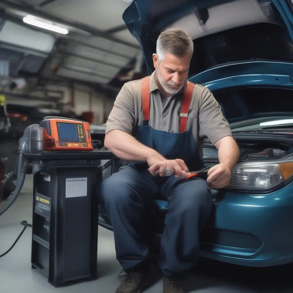 Mechanic Using Diagnostic Scanner on Car