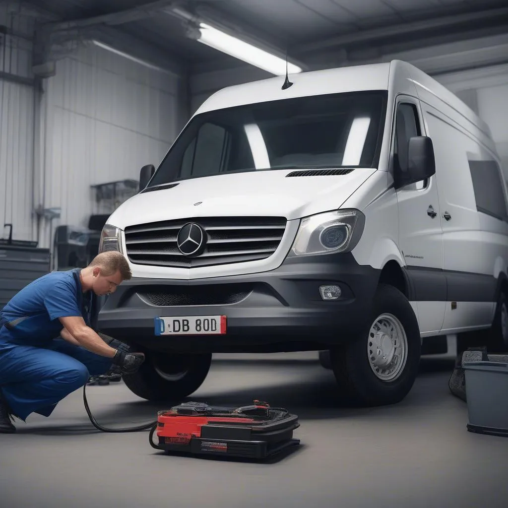 Mechanic Diagnosing Mercedes Sprinter with Scanner