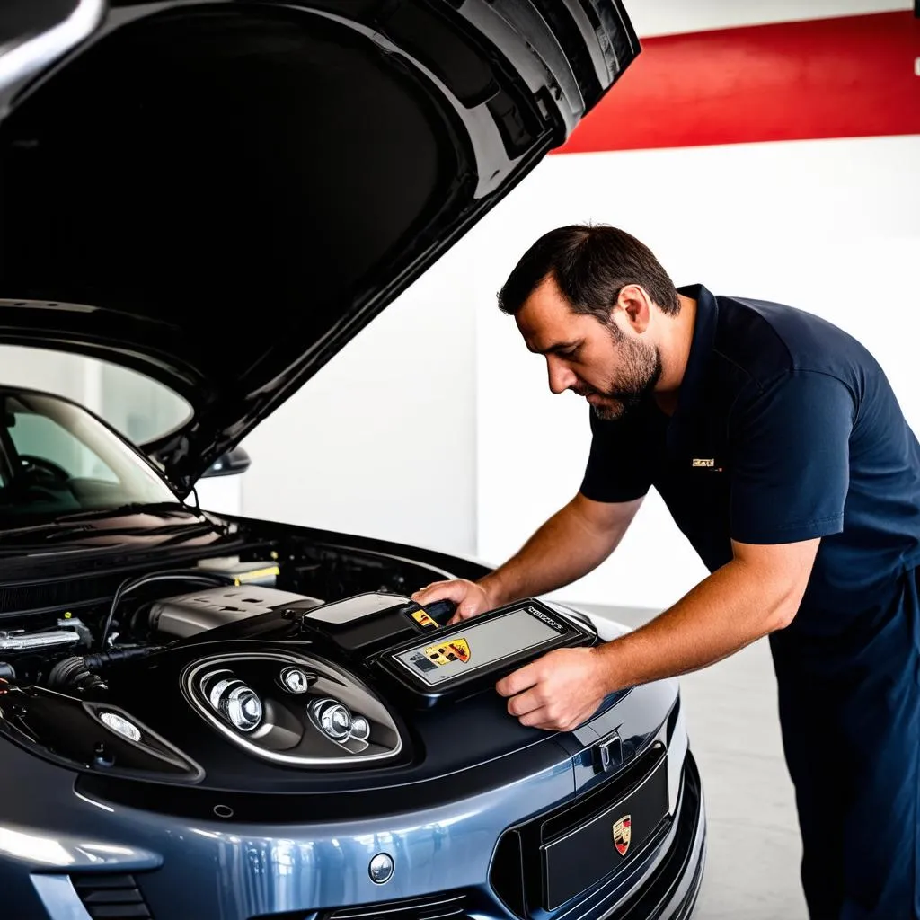 Mechanic using a diagnostic tool on a Porsche Macan