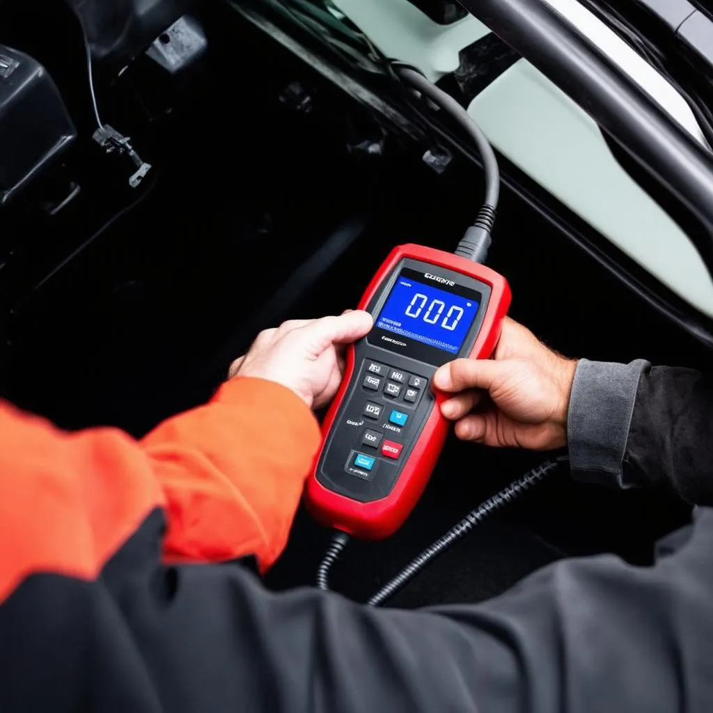 Mechanic using a diagnostic tool on a car