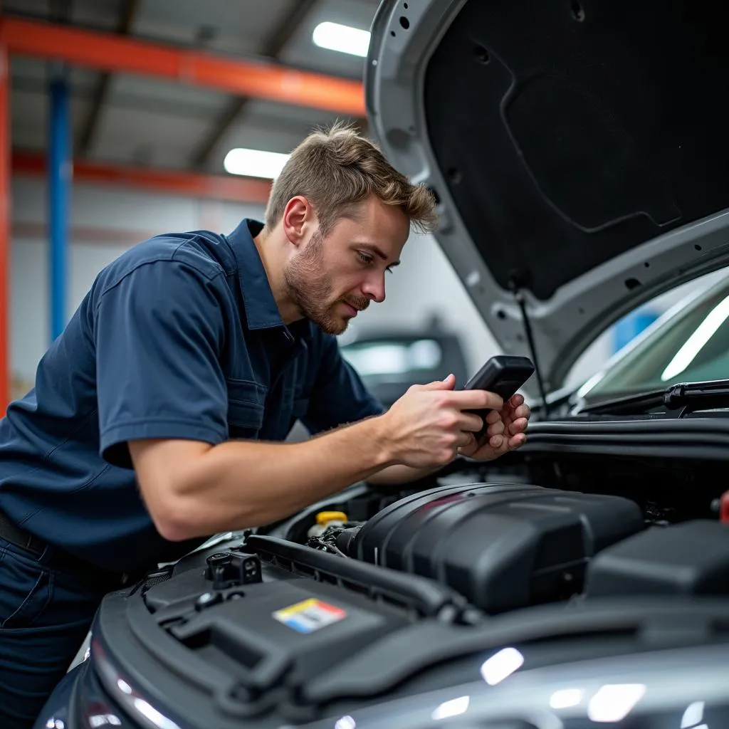 Mechanic using a diagnostic tool on a car