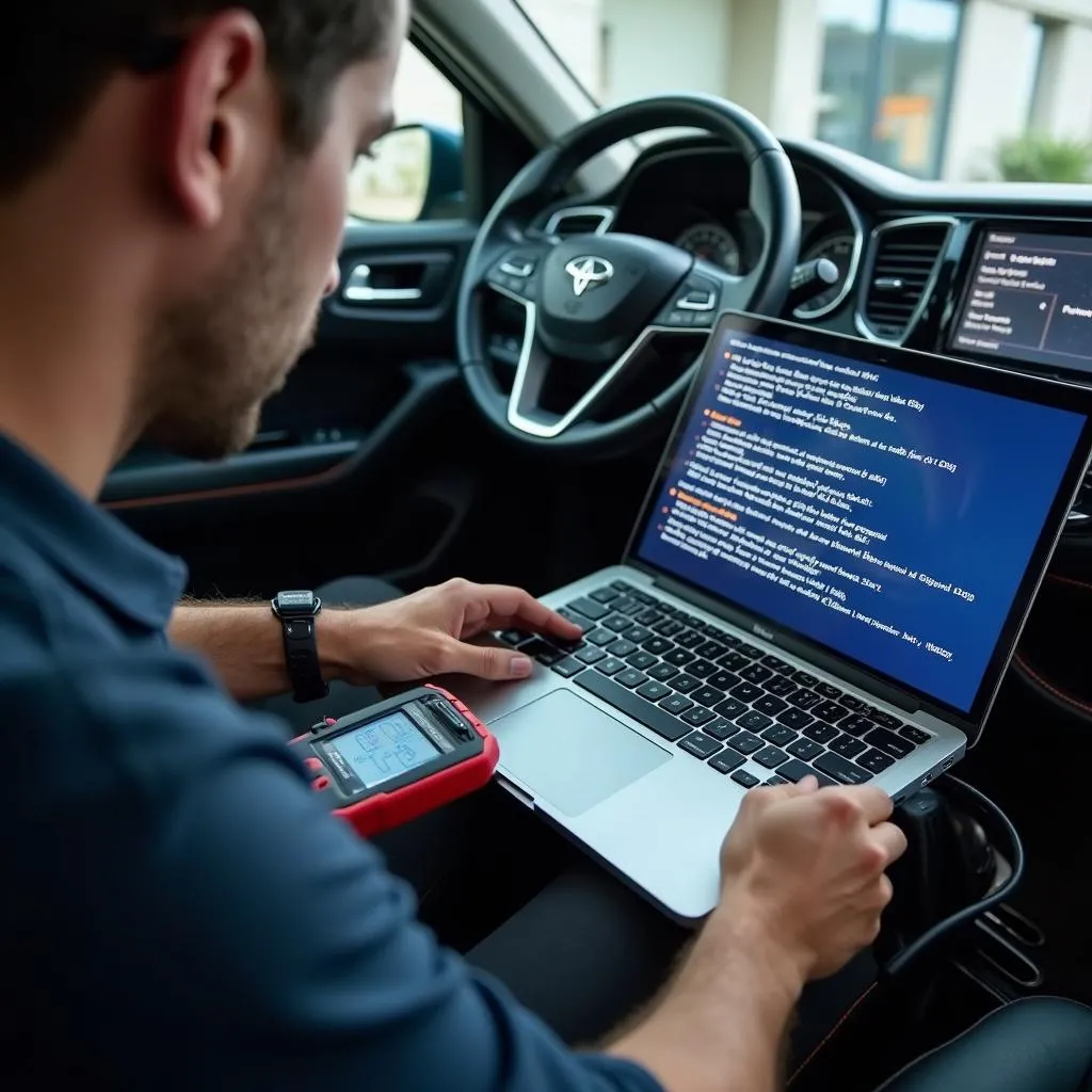 Mechanic using a diagnostic tool on a car to check for Bluetooth errors