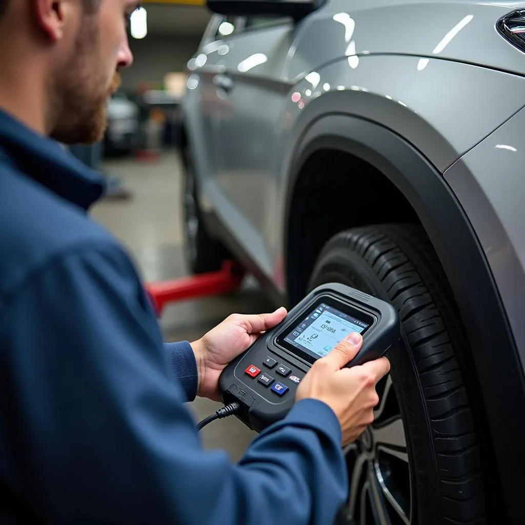 Mechanic using a diagnostic tool on a car