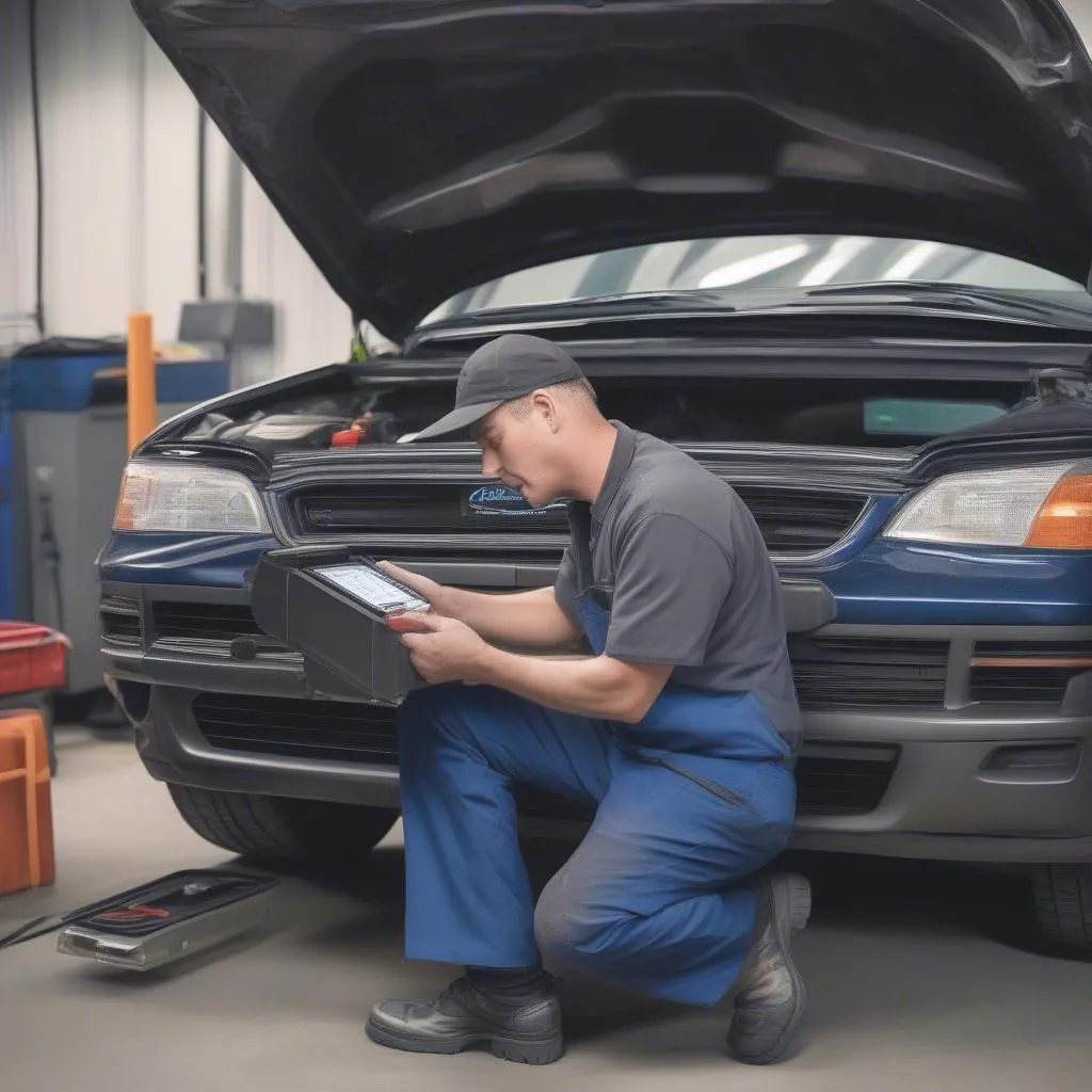 Mechanic Using Diagnostic Tool on Car