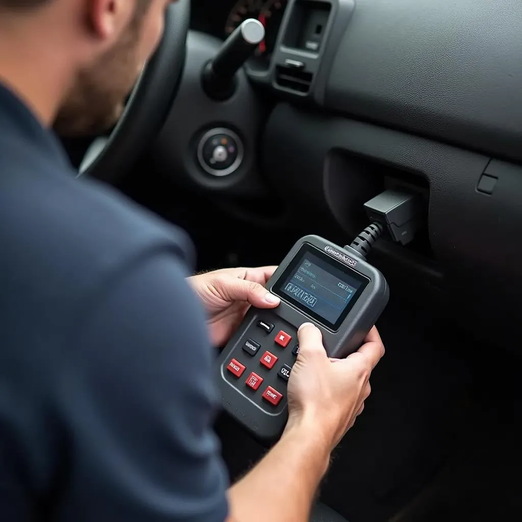 Mechanic using a diagnostic tool on a car