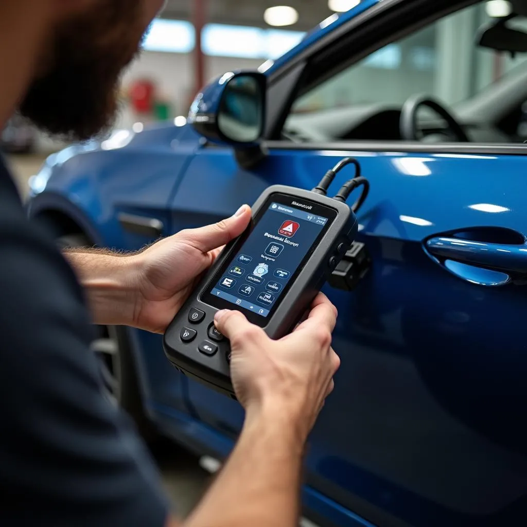 Mechanic Using Diagnostic Tool on Car