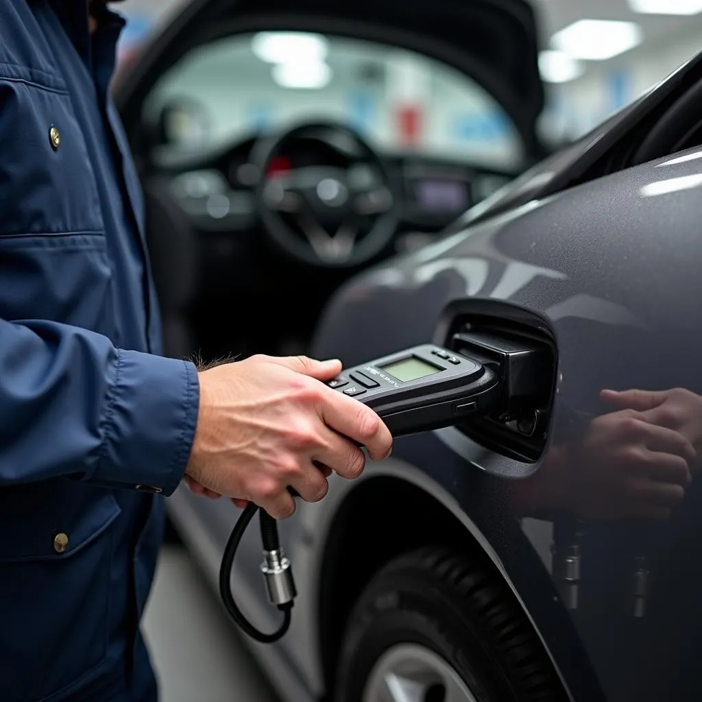 Mechanic using OBD2 scanner to diagnose car problems