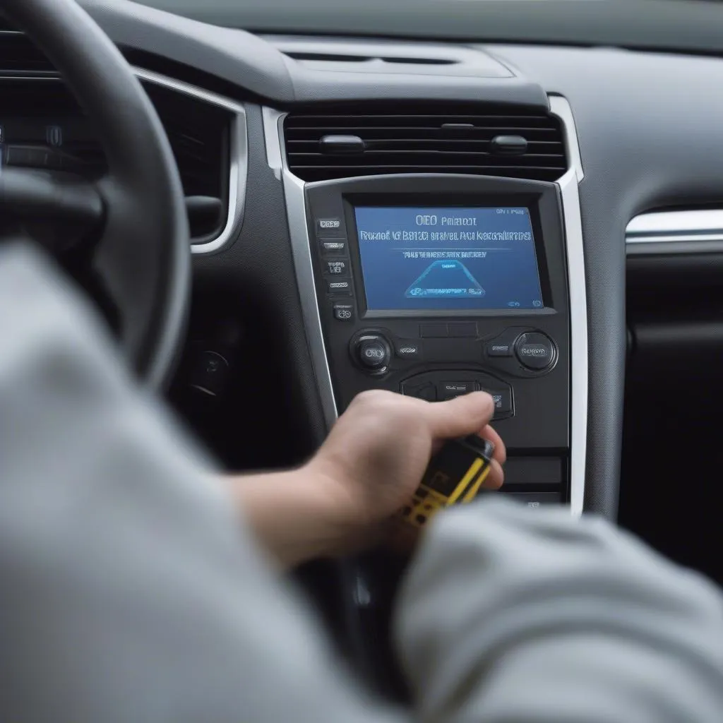 Mechanic using an OBD2 scanner on a Ford Fusion