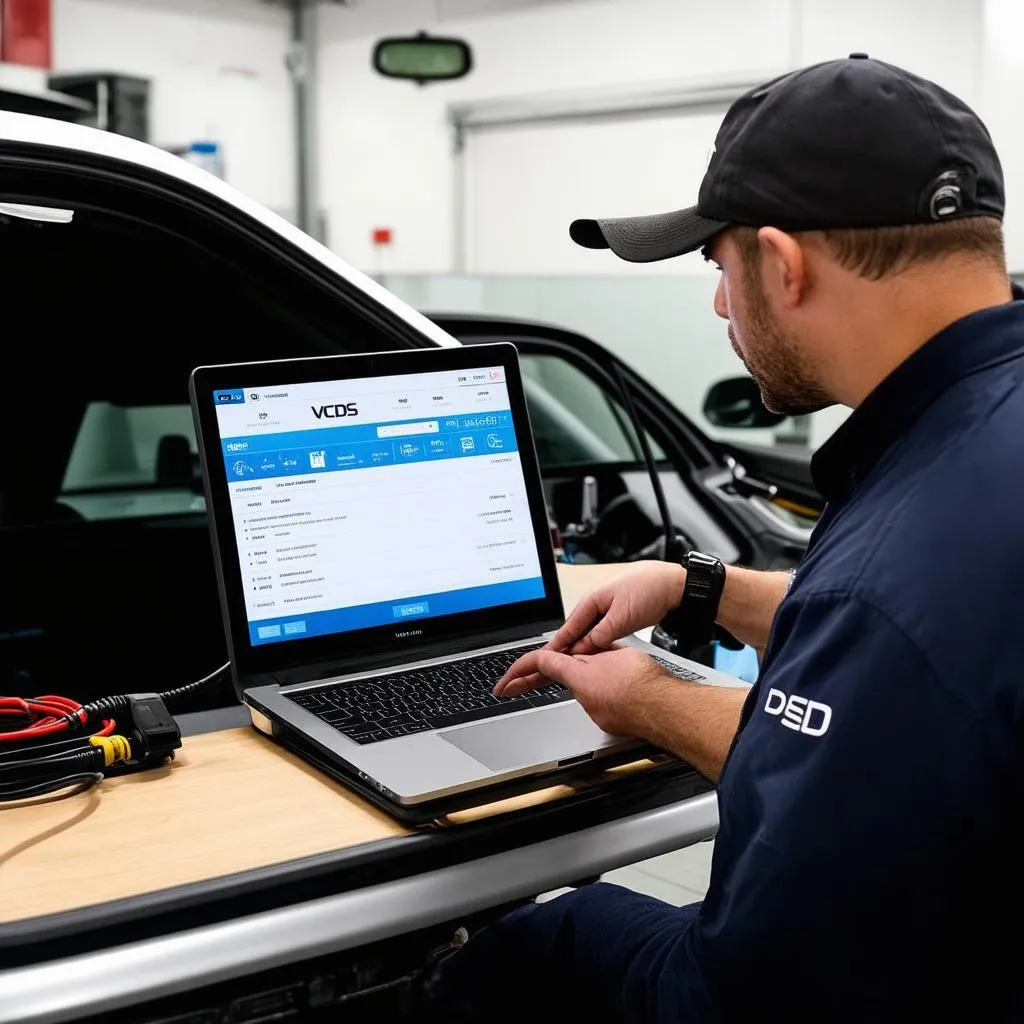 A mechanic using the VCDS system to diagnose a car problem