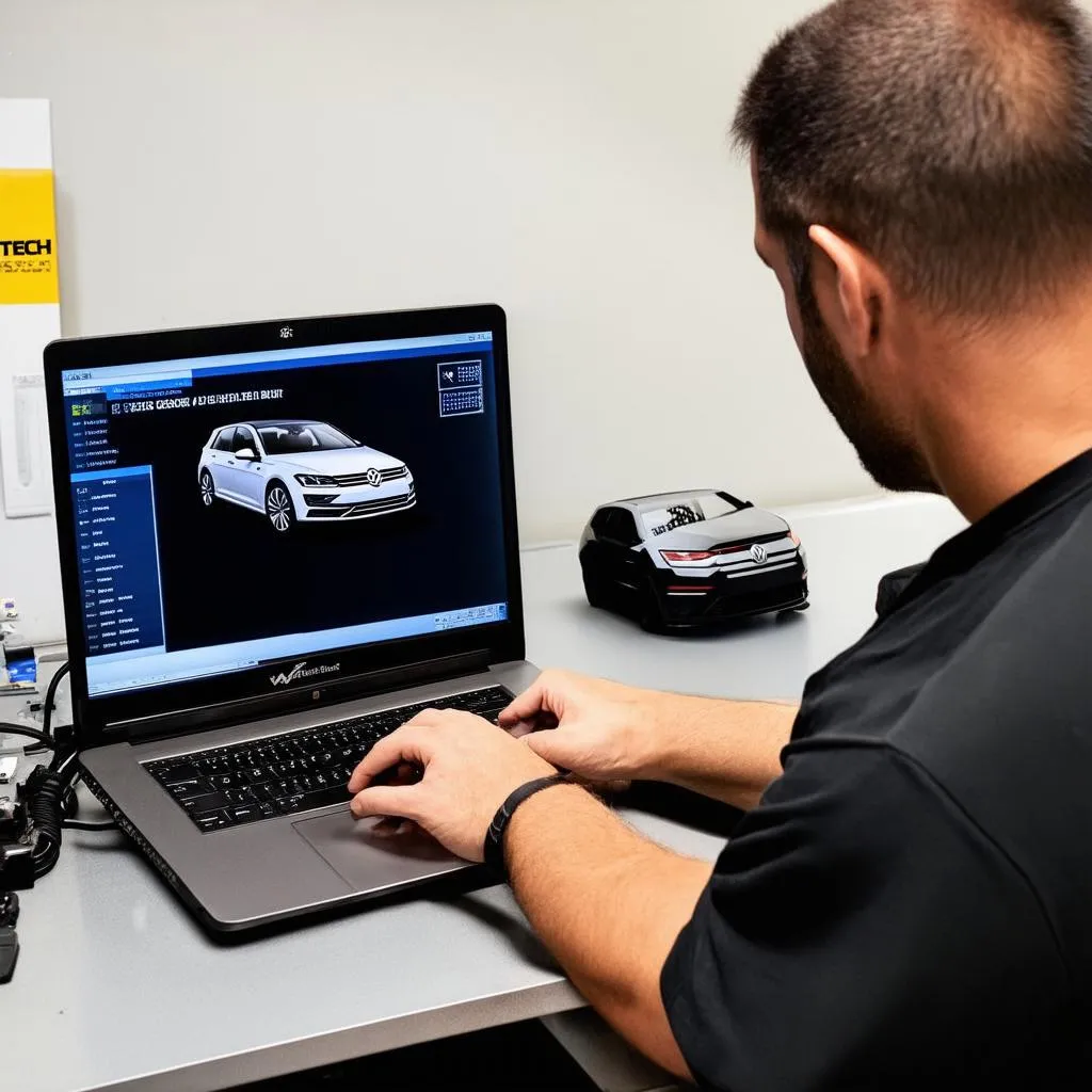 Mechanic using VCDS on a laptop to diagnose a car