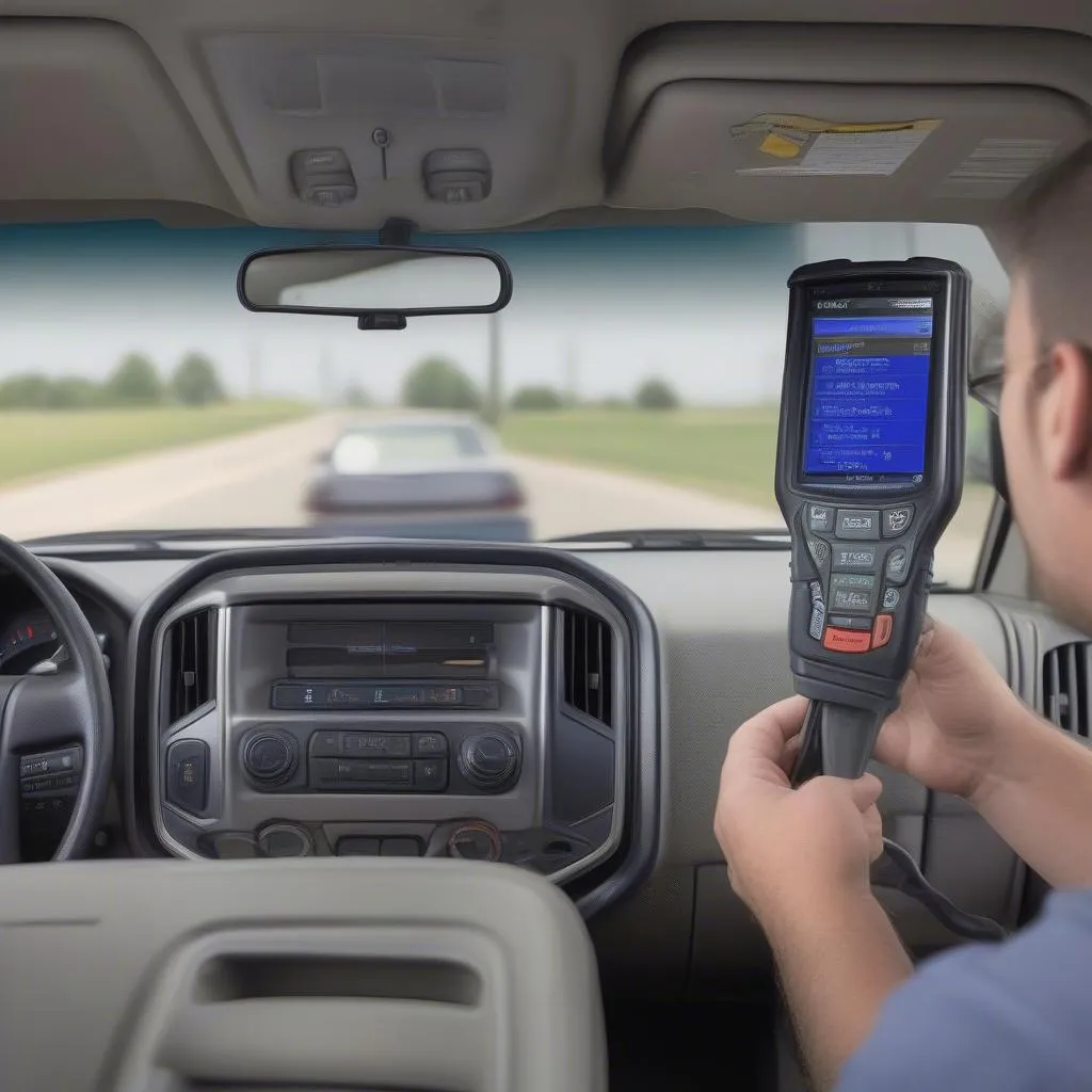 Mechanic using an OBD2 scanner on a Chevy Silverado