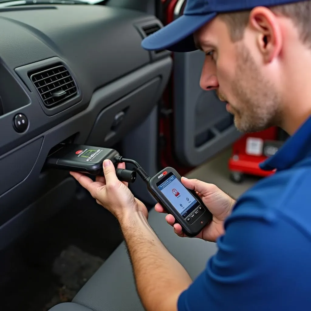 Mechanic using OBD2 scanner on Ford F150