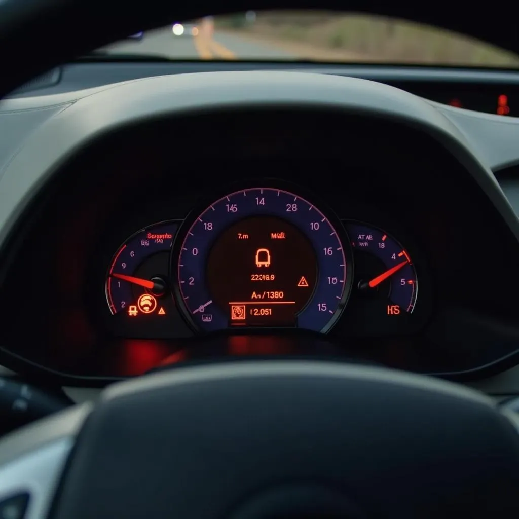 Prius C dashboard with warning lights illuminated