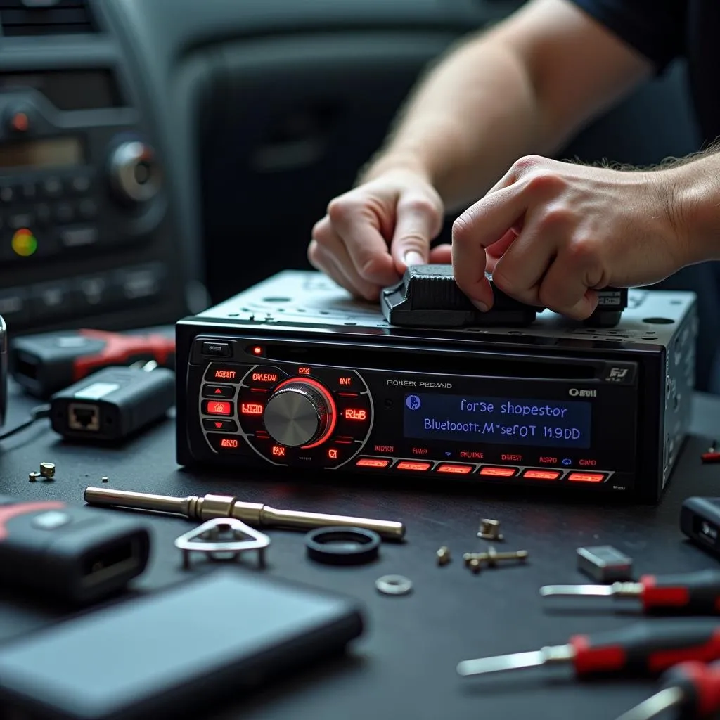 Mechanic troubleshooting a Bluetooth connection with a Pioneer car radio