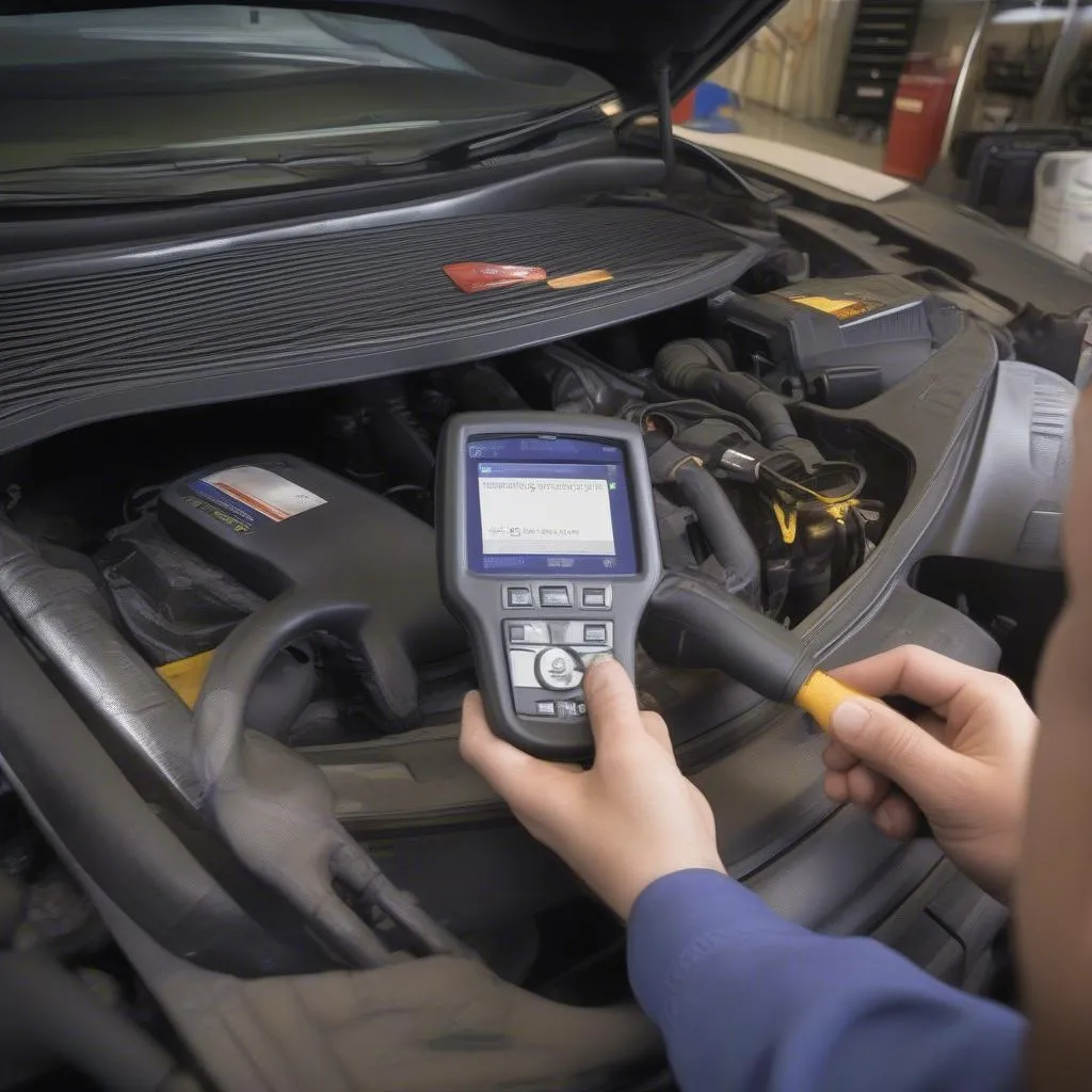 Mechanic using an OBD2 scanner on a 2009 Chevy to diagnose anti-theft system issues.