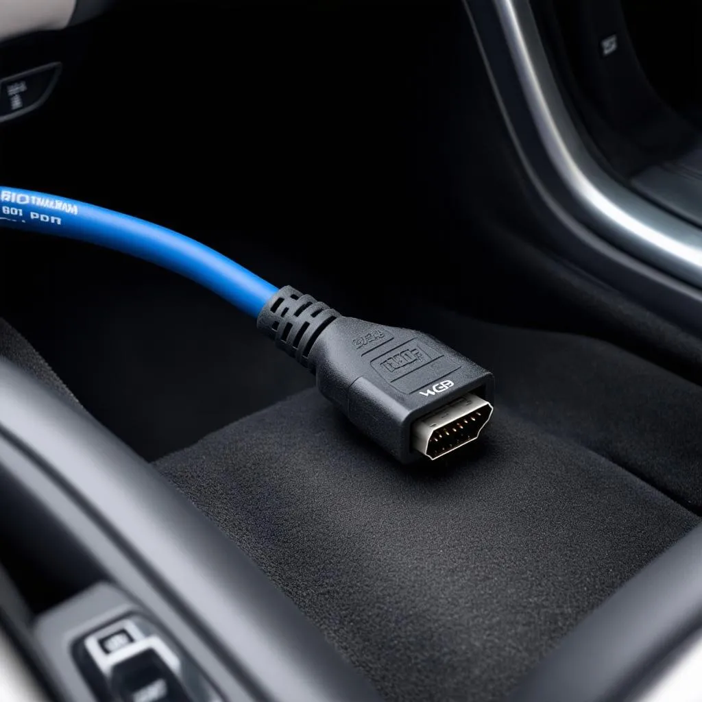 VCDS cable connected to a car's OBD-II port