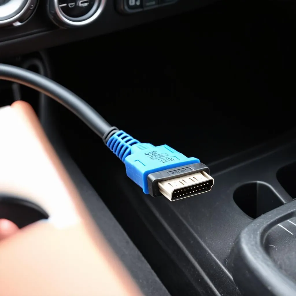 VCDS cable connected to car OBD-II port