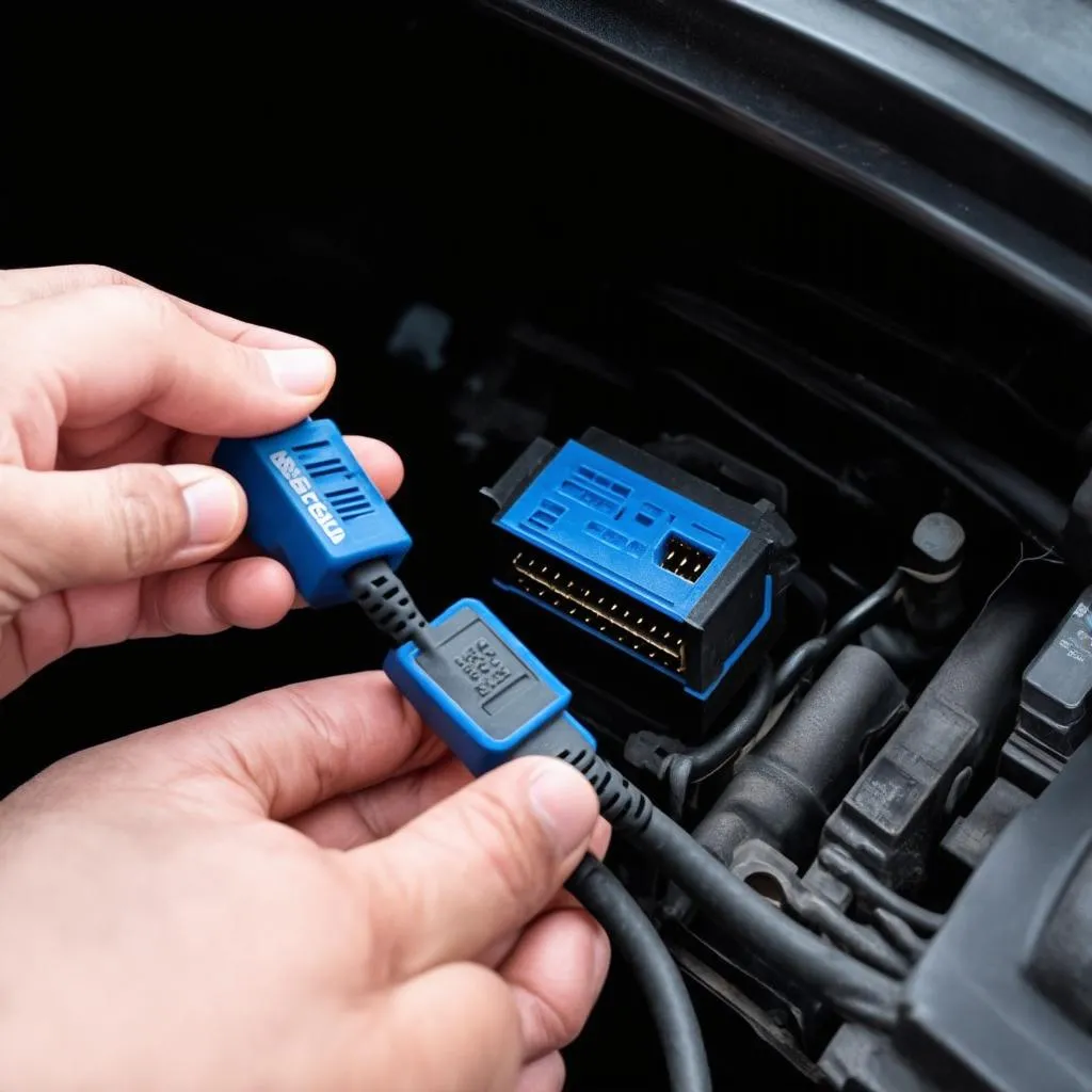 VCDS generic cable connected to a car's OBD2 port