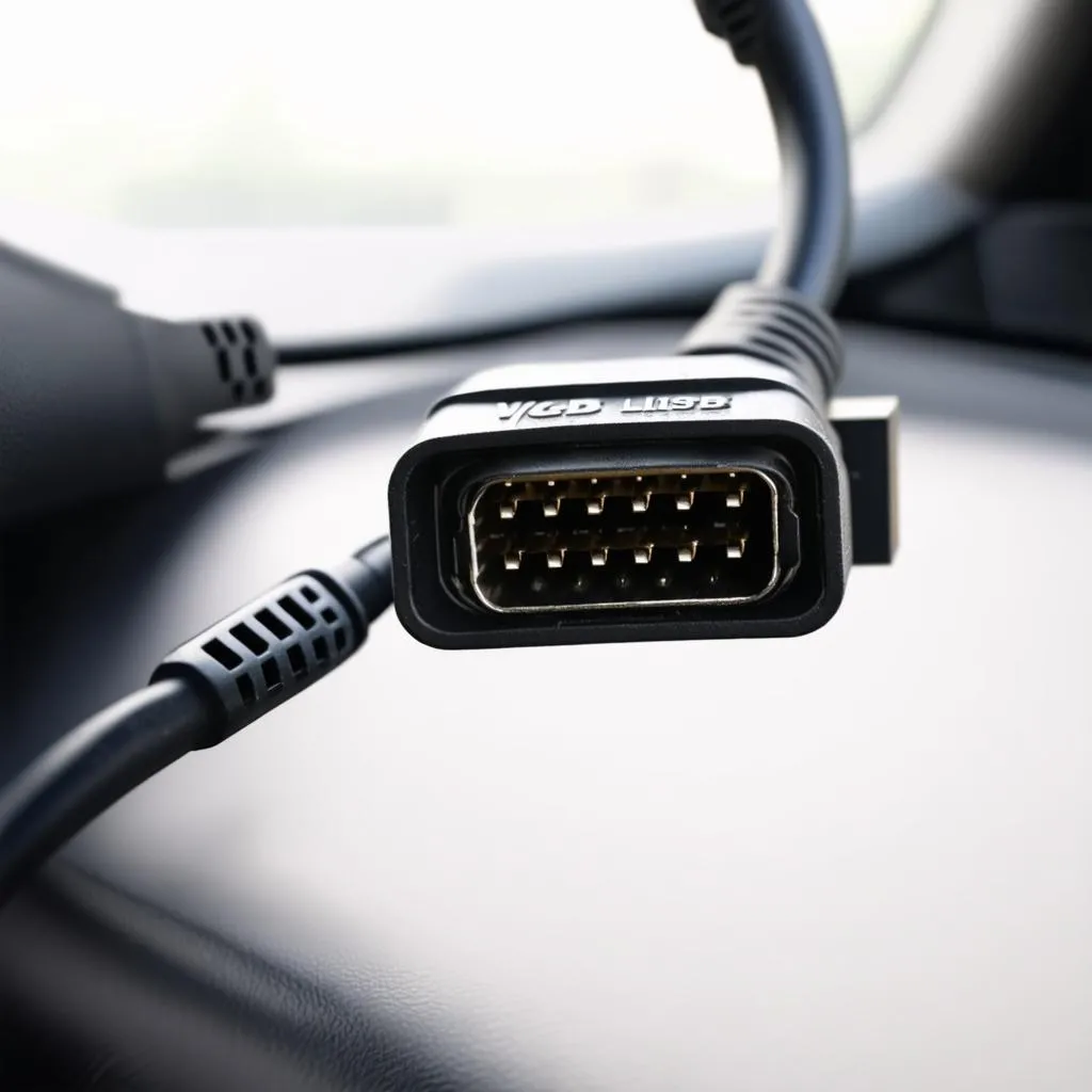 VCDS Lite cable connected to a car's OBD-II port