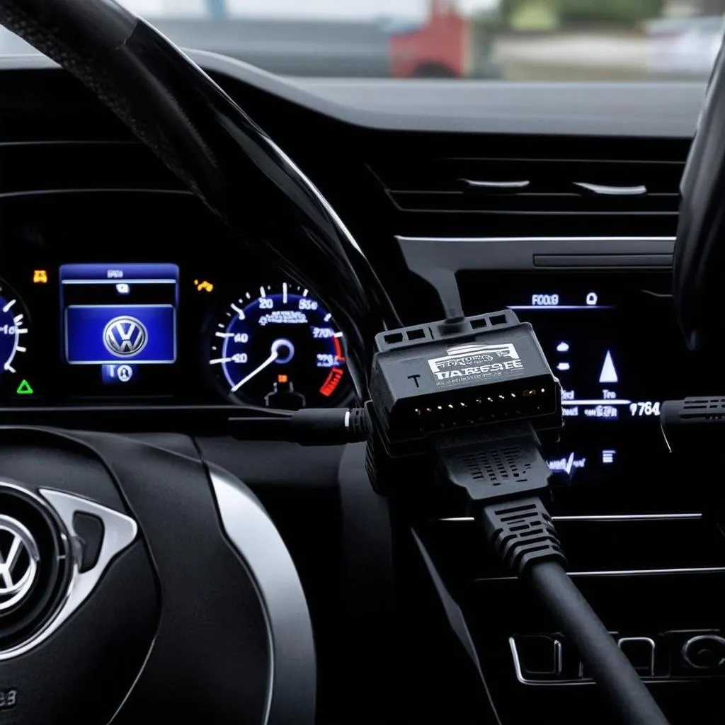 VCDS interface connected to a Passat B7's OBD-II port