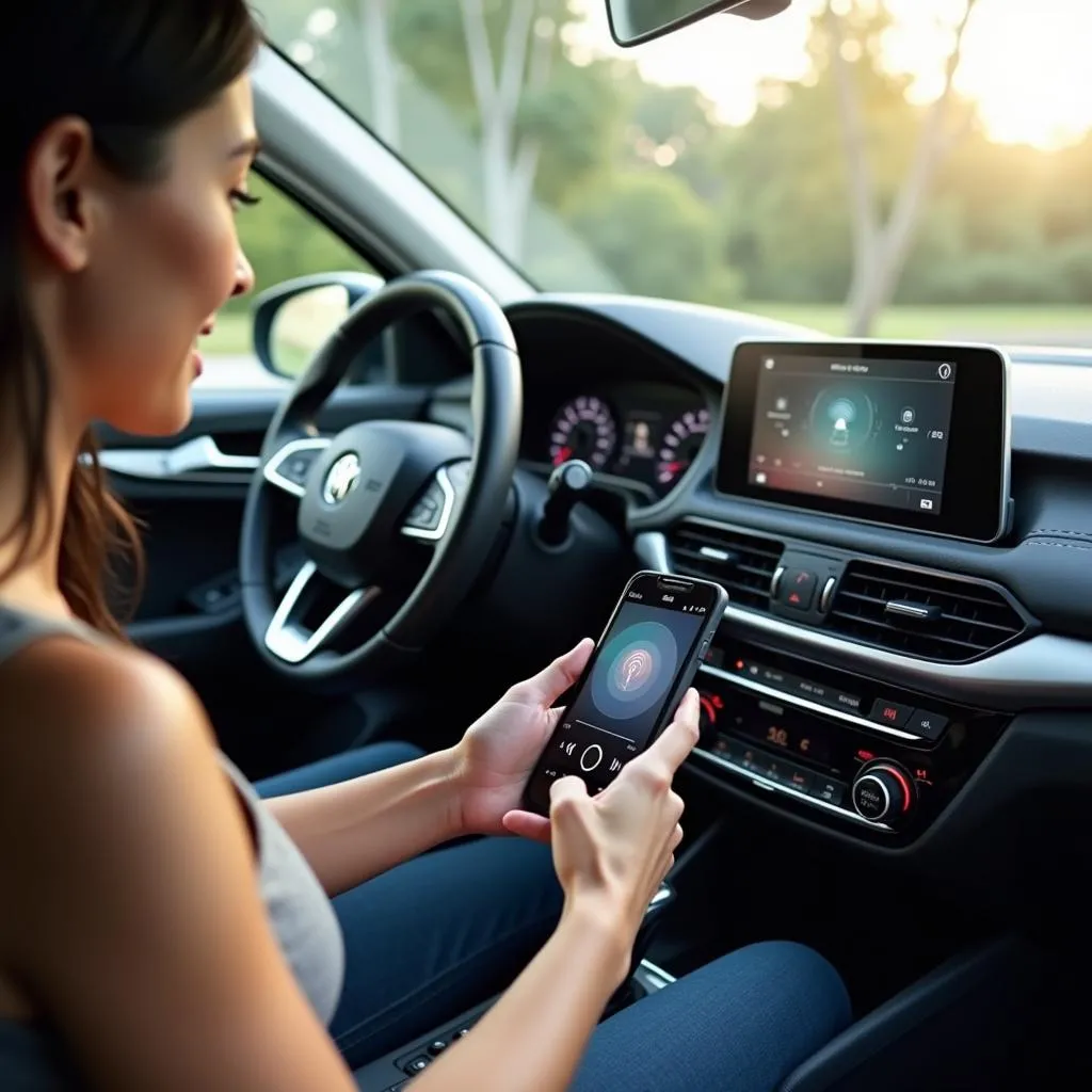 A woman enjoying music in her car, connecting via Bluetooth.