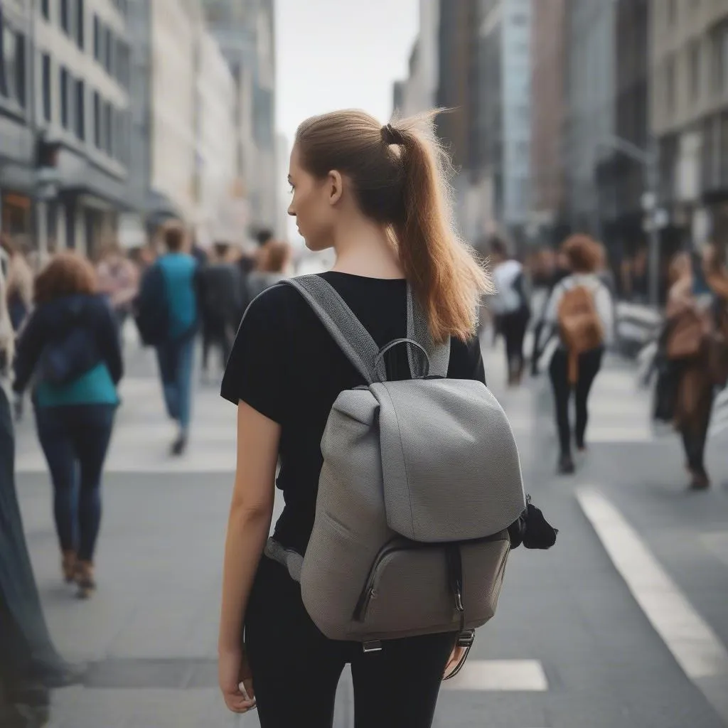 woman walking with anti-theft bag