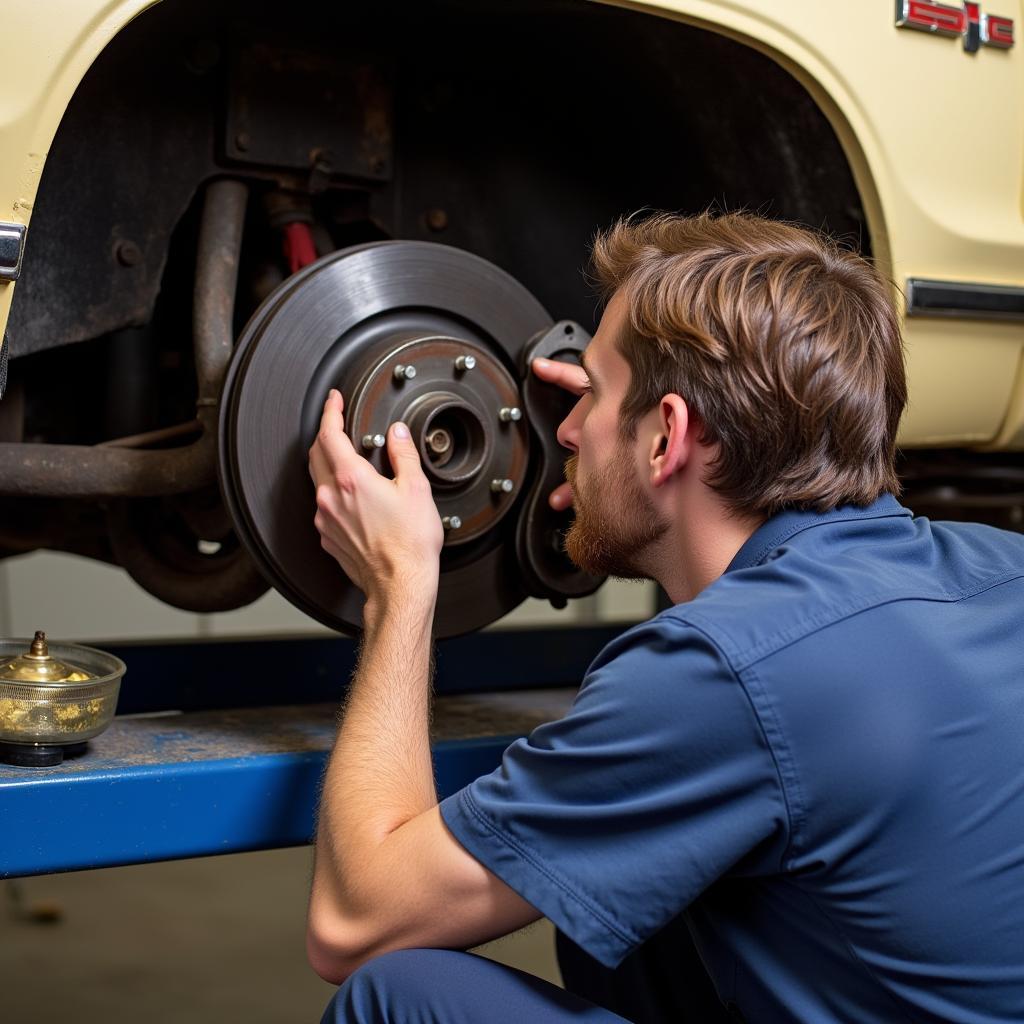 Professional Mechanic Inspecting Brakes on a 1978 Dodge Aspen