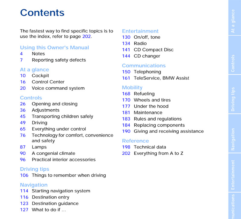  Table of content of 2004 BMW 525i Manual PDF 