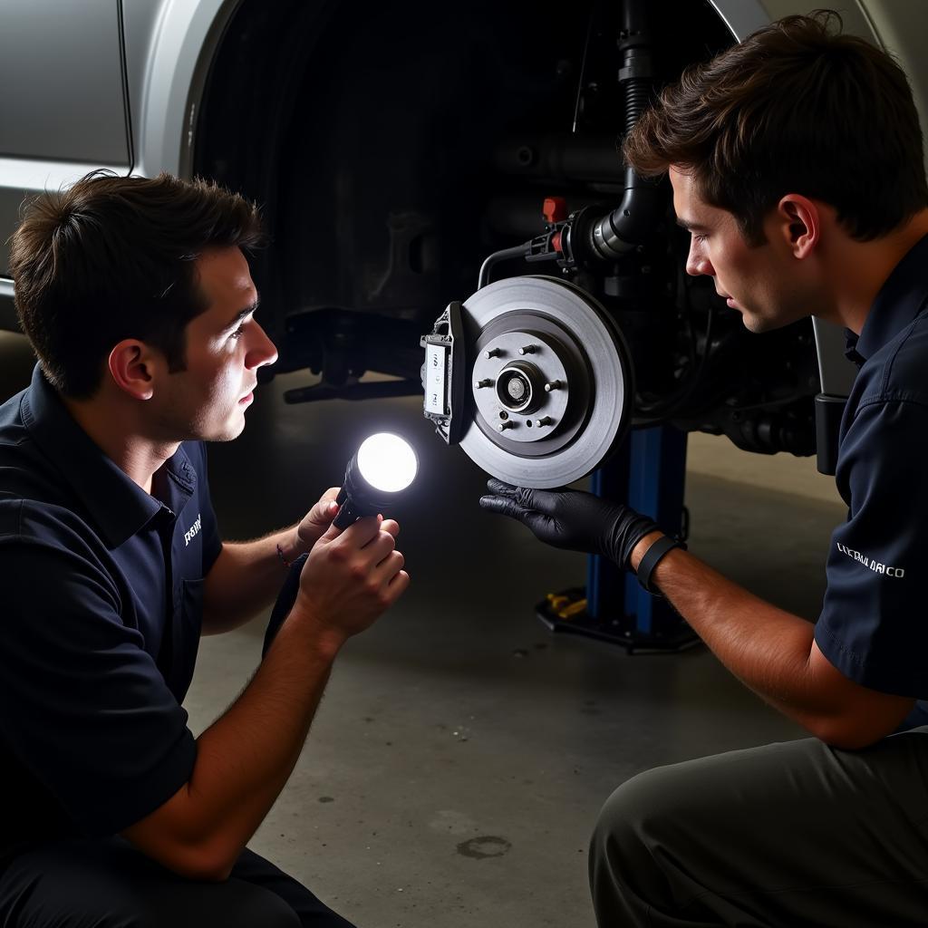 Mechanic Inspecting Brake System of a 2012 Dodge Journey