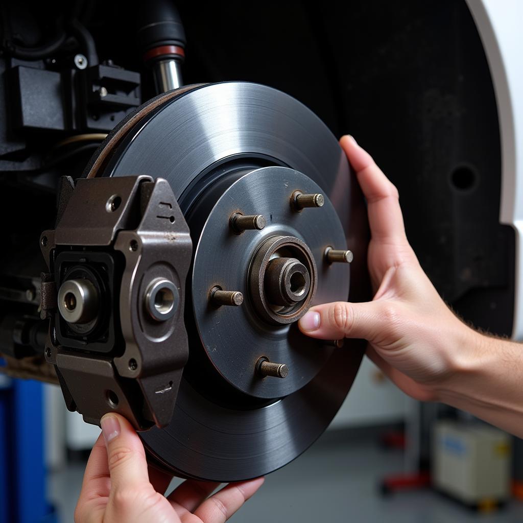  Close-up of a Mechanic's Hands Repairing 2012 Prius Brake System