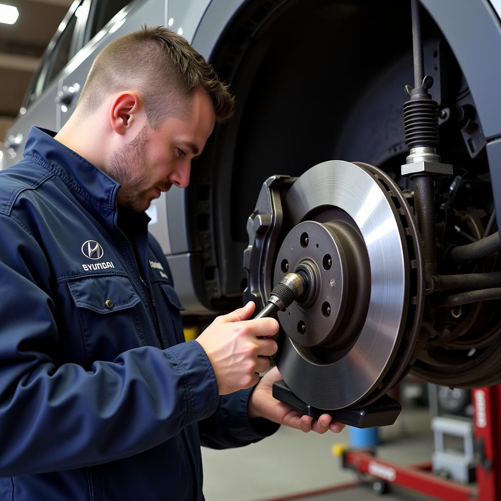 Mechanic Inspecting Brake System of a 2015 Hyundai Tucson