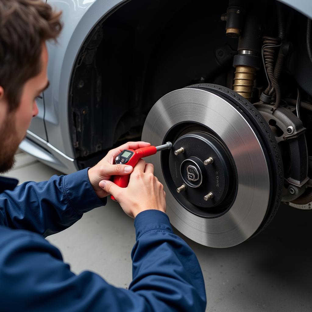 Mechanic inspecting the brake system of an Audi A4