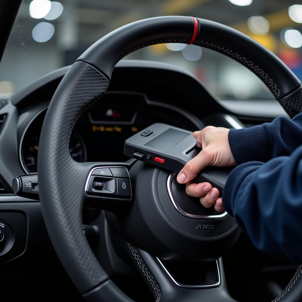 An Audi technician connecting a diagnostic scanner to an Audi A4