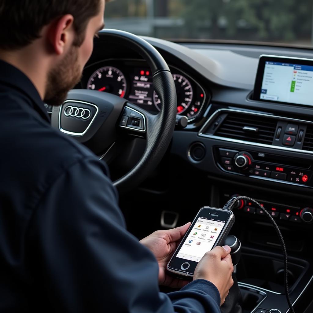 Performing a diagnostic scan on an Audi A4 for a parking brake issue.