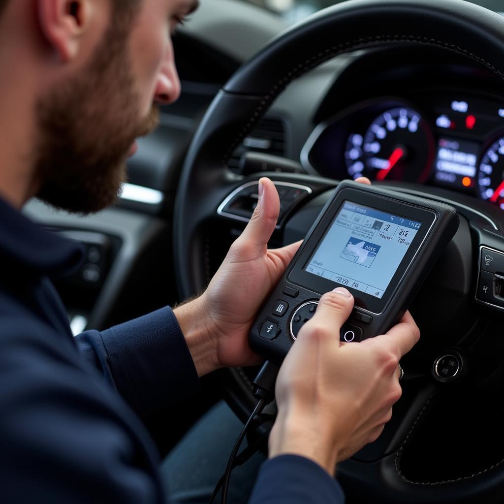 Mechanic Diagnosing Parking Brake Issue in an Audi