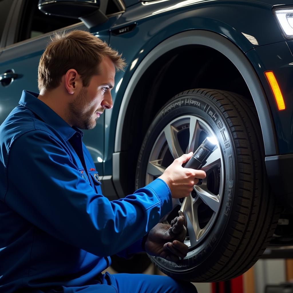 Mechanic inspecting the brake system of an Audi Q5