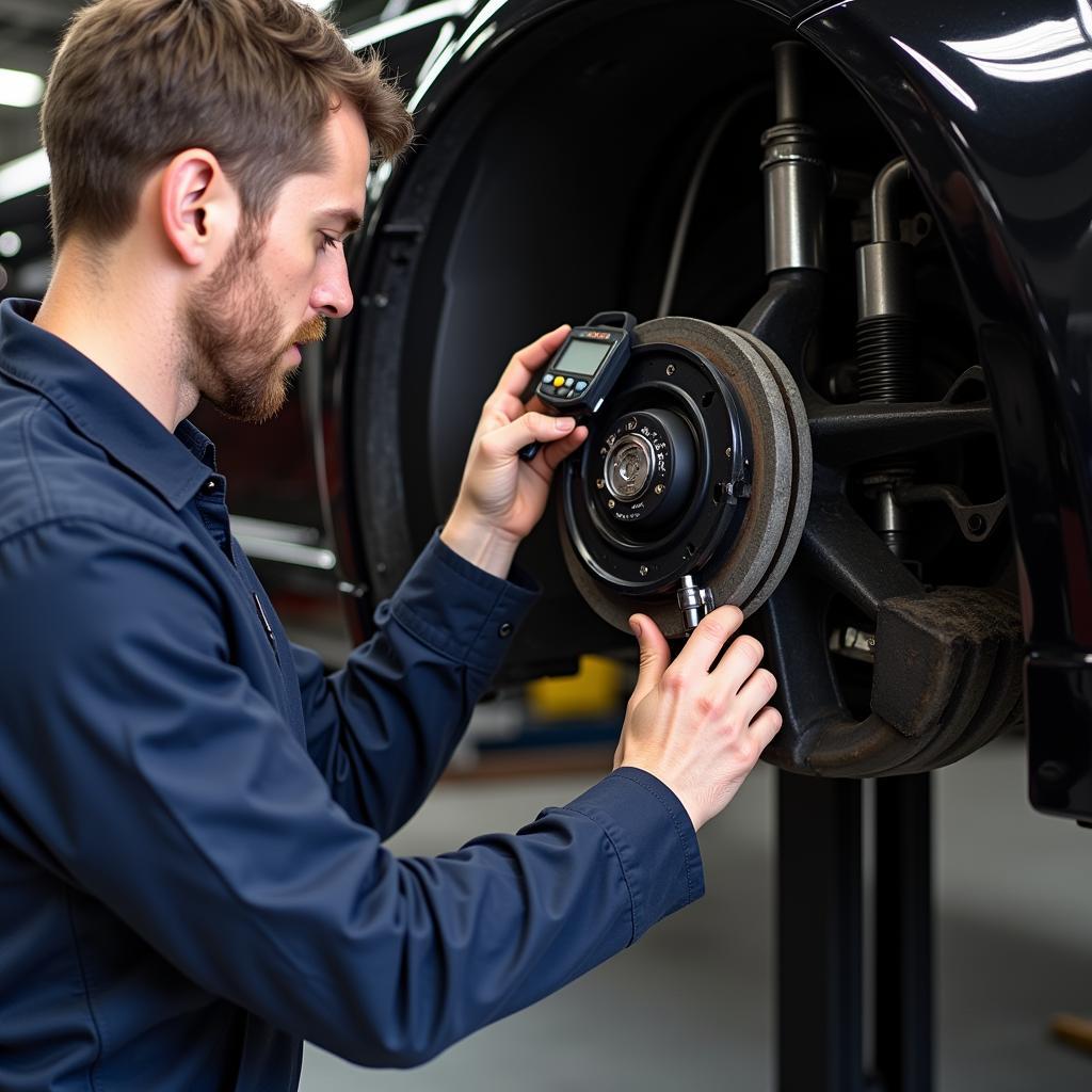 Mechanic inspecting brake pads on an Audi R8