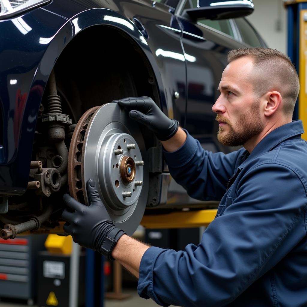 Mechanic Inspecting BMW 1 Series Brakes