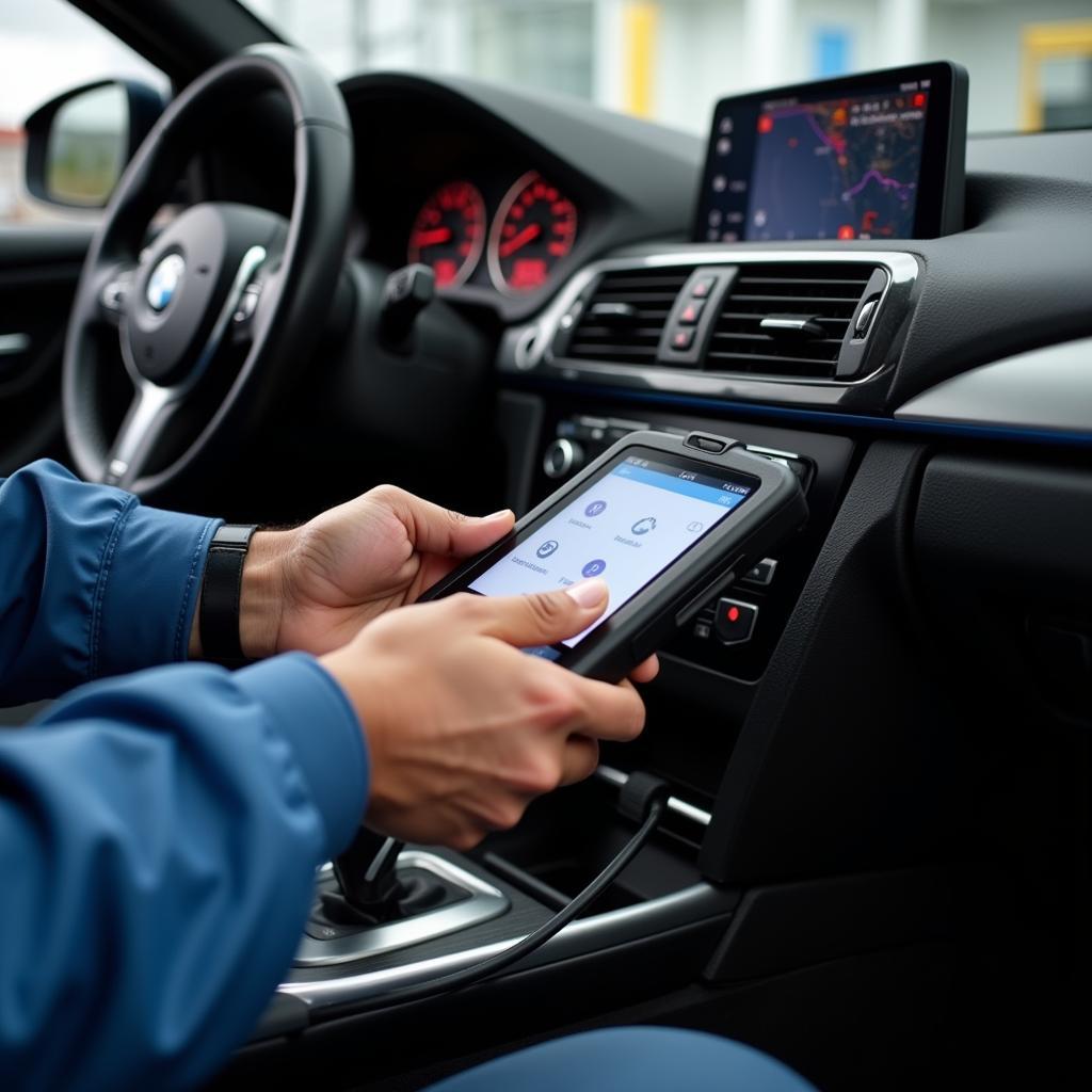 Mechanic Using a Diagnostic Scan Tool on a BMW