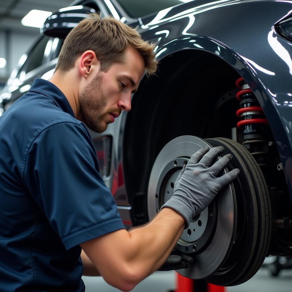 Mechanic Inspecting BMW Brakes