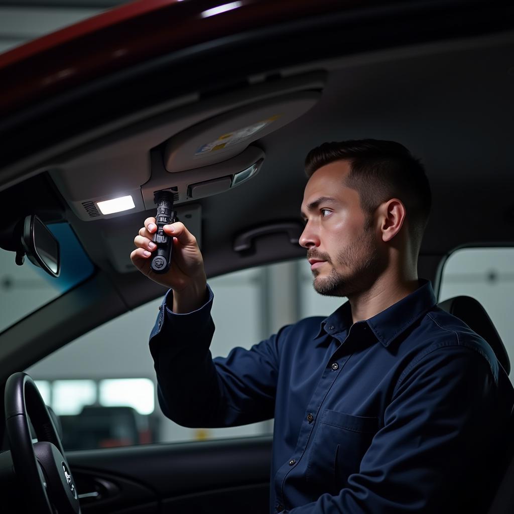 A mechanic inspecting the brake light switch on a Nissan Altima