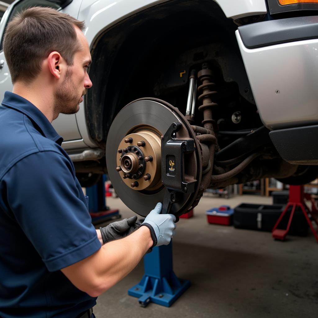 Mechanic inspecting a vehicle's brake system