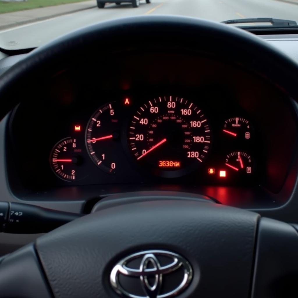 Brake warning light illuminated on the dashboard of a 2004 Toyota Sienna