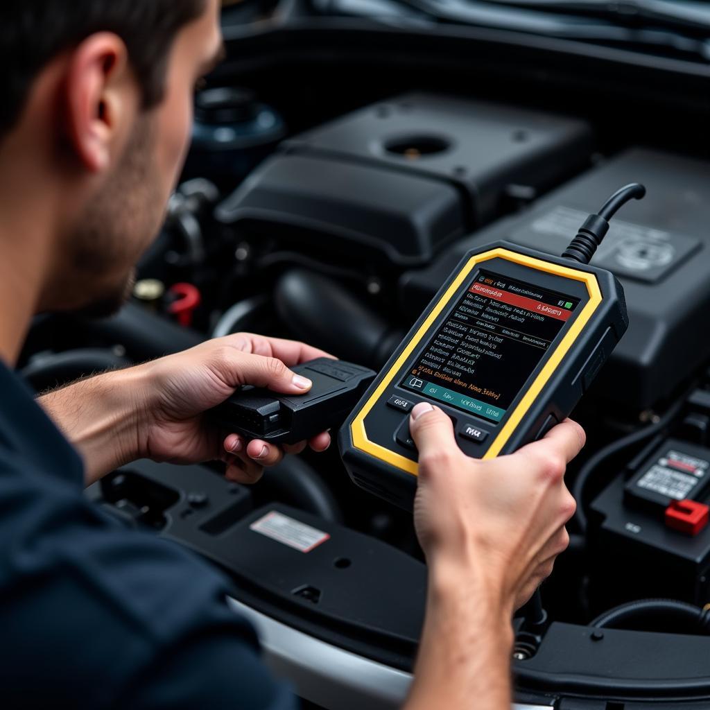 Mechanic Using Diagnostic Tools for Brake Warning Light