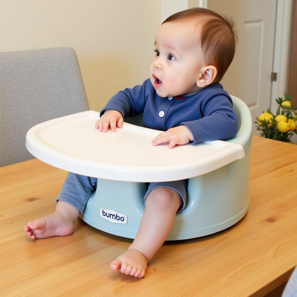 Bumbo seat placed on a table with an infant