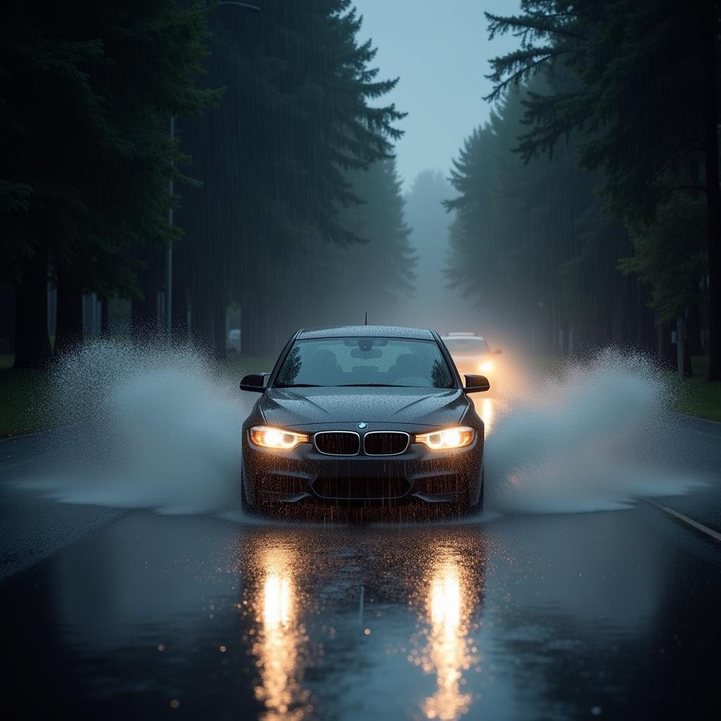 Car navigating through a heavy downpour