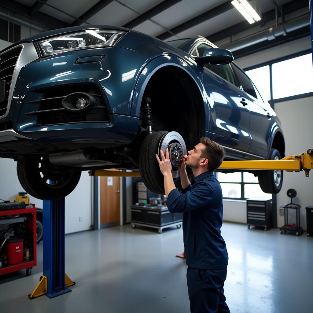 Mechanic Inspecting Car Brakes on Lift