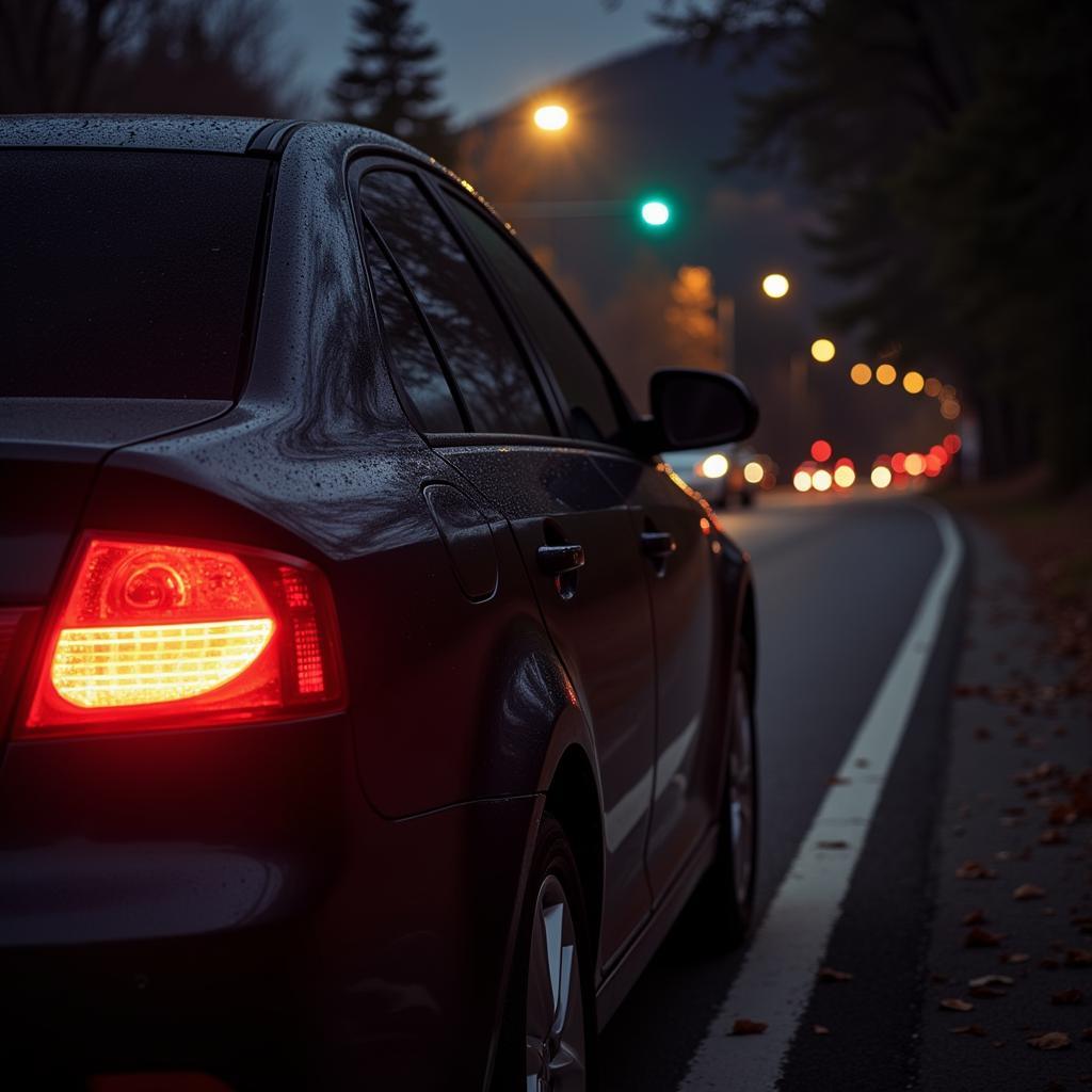 car pulled over on side of road with hazard lights flashing