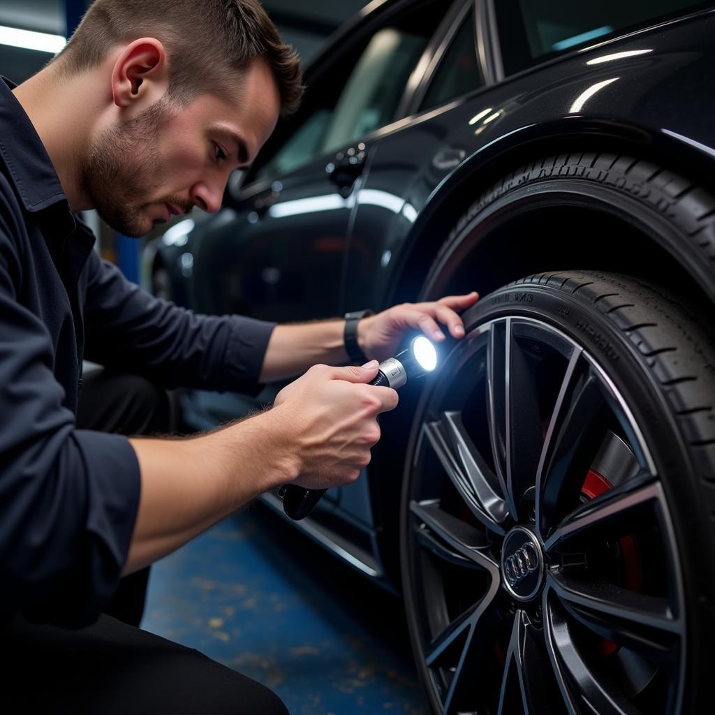 Mechanic inspecting the brake fluid level in an Audi A6